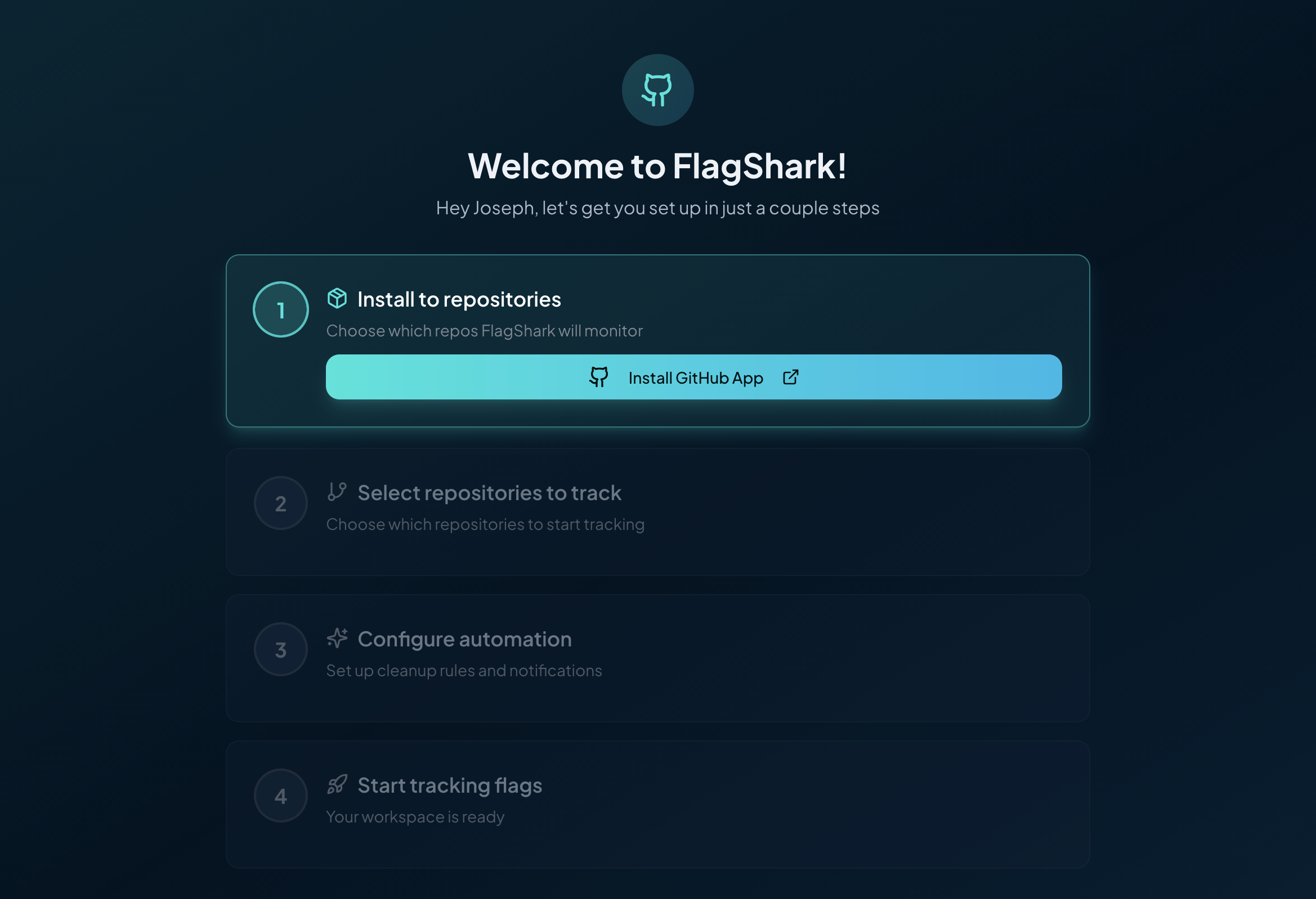 FlagShark onboarding screen with Install GitHub App button