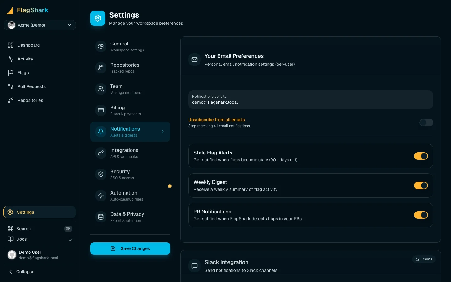Email notification preferences for feature flag alerts and weekly summary reports