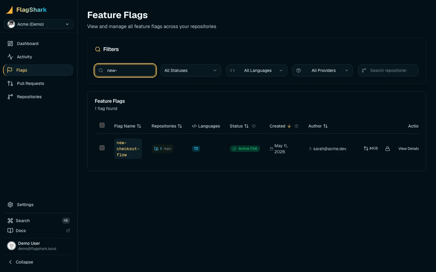 Searching for feature flags across a codebase with results showing file locations and usage count